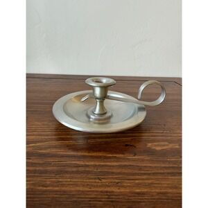 Vintage Pewter Chamberstick Candle Holder with Finger Loop Handle